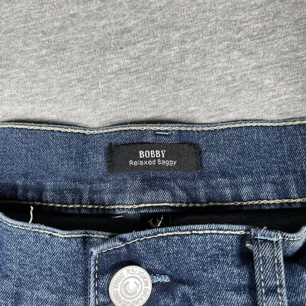 True Religion Bobby Relaxed Baggy Jeans Mens 35x31 Blue Medium Wash Embroidered